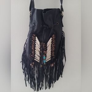 Black  Genuine Leather Fringe Drawstring Shoulder Bag with Beaded Front